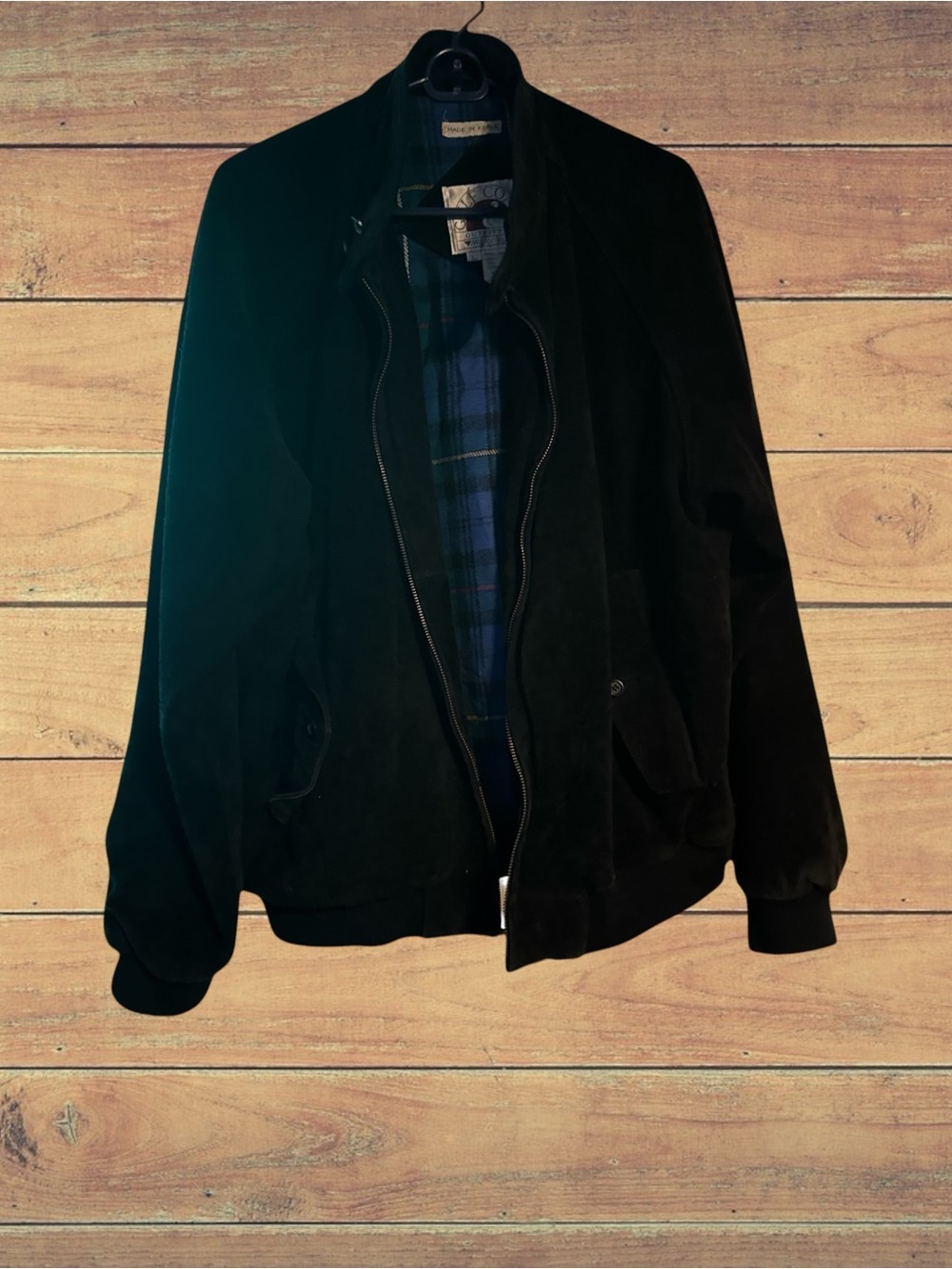 Maison Blanche Black Suede Bomber Jacket with Blue Plaid Lining